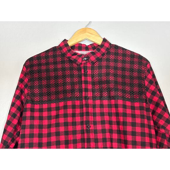 Handmade Button Down Long Sleeve Red Buffalo Plaid Shirt Mens Large Emo Grunge - Picture 2 of 3